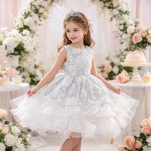 Tween Girl Sequin Puff Cake Princess Dress, Wedding Flower Girl, Birthday Party, Holiday Gathering, Piano Performance Evening Gown - White - View 2