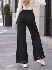 Women's Black Polyester Flare Leg Pants, With Hollow Lace Hem, Non-Stretch Long Pants, Casual Style - Black - View 6