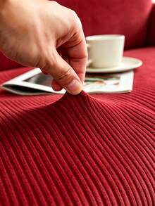 1PC Christmas Holiday Burgundy Vertical Striped Jacquard Fleece Sofa Cover, 3D Straight Texture Pleated Hem Full Coverage Sofa Protector, Soft & High Elasticity, Machine Washable, Dry Cleanable, Hand Washable, Living Room Holiday Sofa Cover, Suitable For 1/2/3/4 Seater Sofa, Spring/Summer/Autumn/Winter All Seasons - Red - View 10