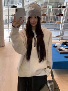 Women's Winter Half-Zip Hooded Knit Pullover Sweater Top - Apricot - View 8
