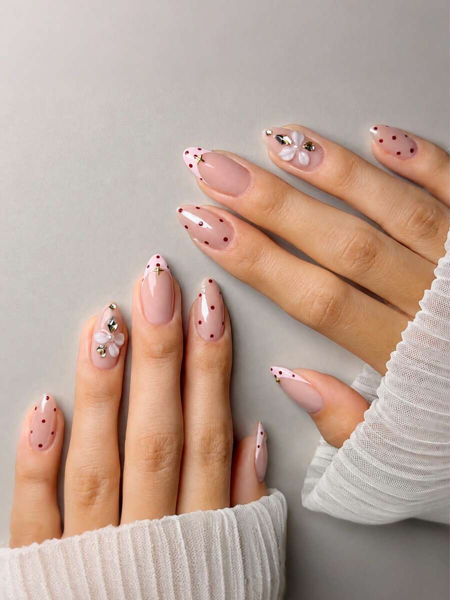 24 Peças Unhas Postiças Formato Amêndoa Outono/Inverno, Adesivos de Unhas com Bolinhas, Unhas de Gel 3D com Decoração de Strass, Conjunto de Unhas Acrílicas Falsas Inclui 1 Peça de Cola Gel e 1 Peça de Lixa de Unha - Rosa Bebê - Visão 1