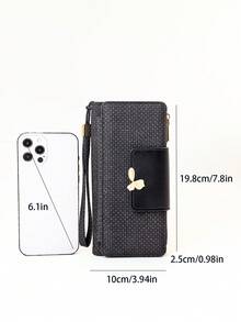 Women's Vintage Straw Woven Texture PU Long Wallet, Multi-Functional Large Capacity Card Holder With Exquisite Metal Flower Logo, Casual Wristlet Bag Suitable For Various Occasions - Black - View 6