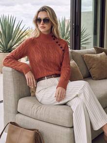 NiceArt Women's Autumn/Winter Vintage Half-High Neck Cable Knit Blended Sweater, Diagonal Button Drop Shoulder Long Sleeve Pullover, Autumn Outfit, Halloween - Red - View 3