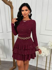 AIJ Gaun Pendek Wanita Musim Gugur yang Modis Warna Burgundy, Rok Lengan Panjang Rajut Bergaris dengan Hem Pas Badan, Hem Berlapis, Cocok untuk Kencan dan Acara - Burgundy - View 3