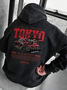 American Street Racing Element Print Hoodie, Vintage Snowflake Washed Distressed Loose Fit Pullover Sweatshirt, Men's Autumn/Winter - Black - View 5