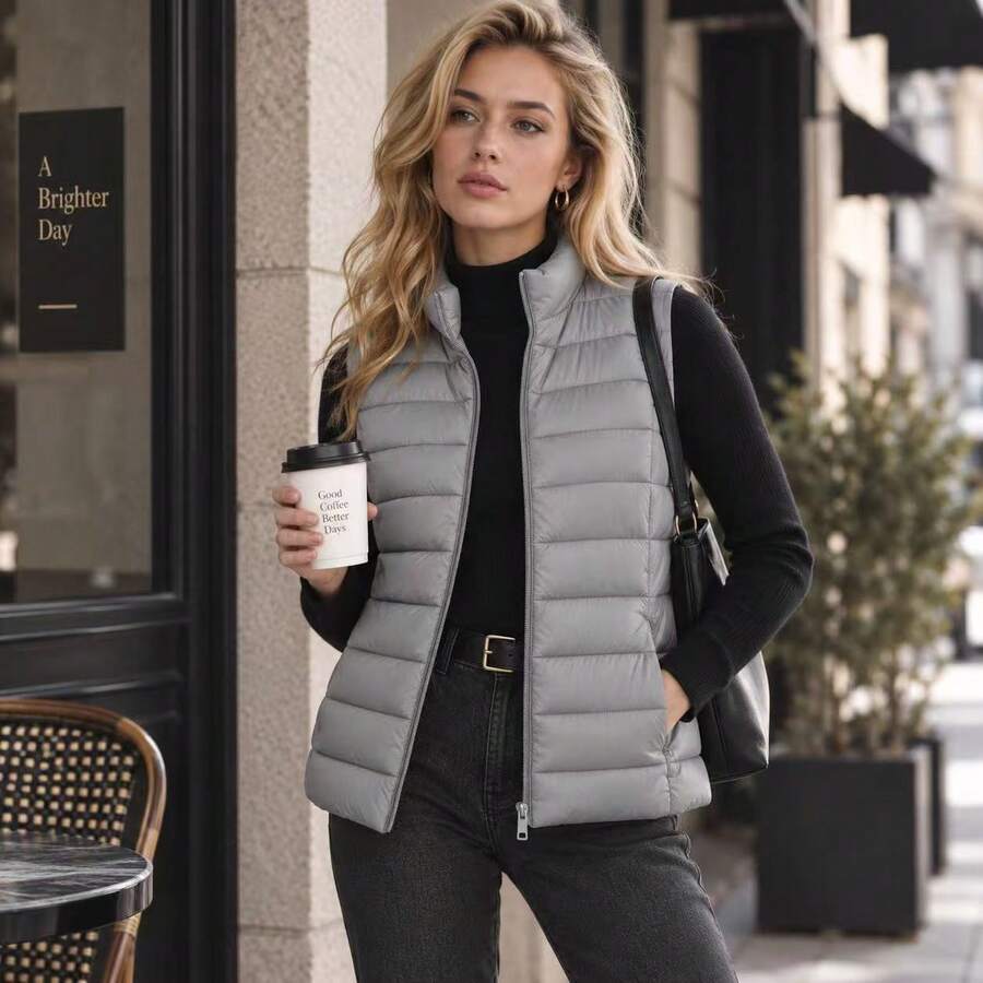 Women's Lightweight Puffer Vest, Sleeveless Zip-Up Stand Collar Quilted Gilet With Pockets, Casual Everyday Layering Jacket For Spring & Fall - Grey - View 1