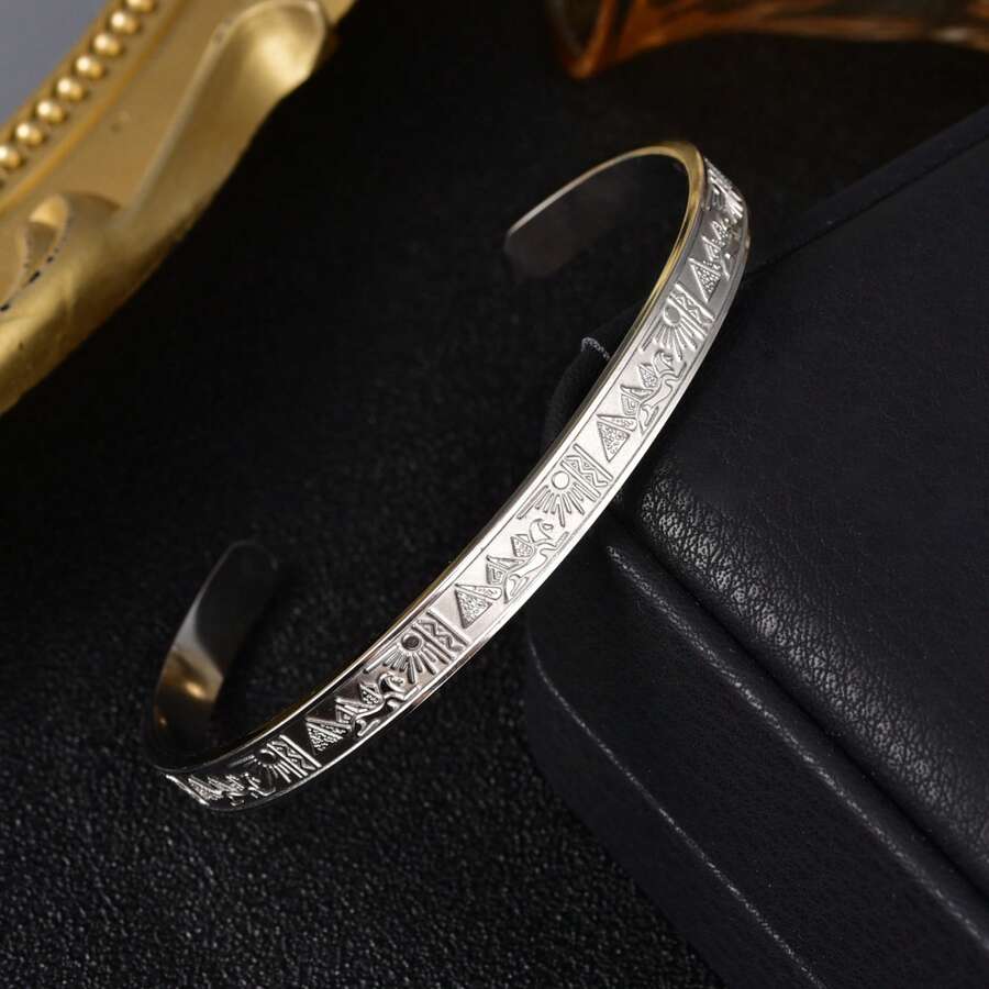 Personalized Ancient Egyptian Sun Pyramid Totem Engraved Silver C-Shaped Open Cuff Bracelet, Unisex, Suitable For Daily And Party Wear - Silver - View 1