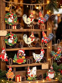 1 Set Chicken-Shaped Christmas Hanging Decorations, Suitable For Decorating Christmas Trees, Porches And Railings, Creating A Festive Party Atmosphere, Adding Creative Flair To Holiday Gifts, Or Enhancing Home Window Displays And Holiday Theme Decor - A - View 1