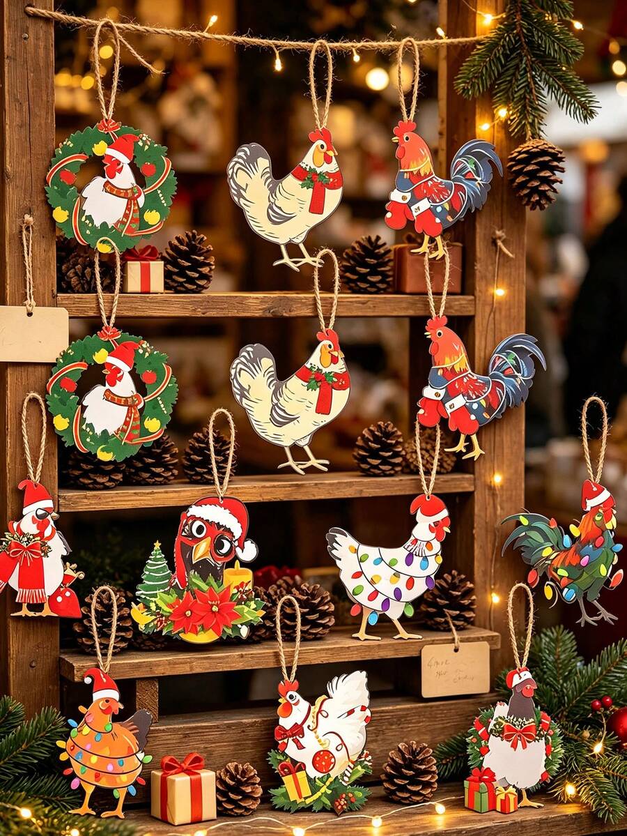 1 Set Chicken-Shaped Christmas Hanging Decorations, Suitable For Decorating Christmas Trees, Porches And Railings, Creating A Festive Party Atmosphere, Adding Creative Flair To Holiday Gifts, Or Enhancing Home Window Displays And Holiday Theme Decor - A - View 1