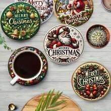 Merry Christmas 2D Printed Coaster Set, Santa Claus Element Design, Suitable For Home And Kitchen Decor, Gardening Supplies, Various Holidays, Christmas Gifts - Multicolor - View 2