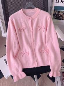 Women's SweetBalletcorePink Knit Cardigan3D Bow Decor Crew Neck SingleButton LongSleeve SweaterCasual Gentle Outerwear For Autumn Back‑To‑SchoolOutfit - Pink - View 7