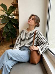 Women's Fall/Winter Colorblock Striped Print Long-Sleeve Round-Neck Button-Front Drop-Shoulder Sweater - Stylish Knitwear For Daily Wear - Black and White - View 5