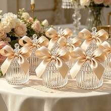 10 Sets de Frascos de Regalo de Acrílico Transparente con Lazo de Satén Dorado Champán, Contenedores de Almacenamiento Mini con Rayas Verticales, Adecuados para Joyas, Recuerdos, Bodas, Bautizos, Favores de Baby Shower y Regalos de Agradecimiento para Damas de Honor OXBW - Champán - Ver 1