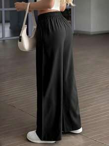 Women's Summer/Autumn Basic Solid Color Drawstring Linen-Style Wide Leg Pants, Loose Casual Long Pants, Suitable For Back To School, Beach Vacation And Daily Wear - Black - View 4