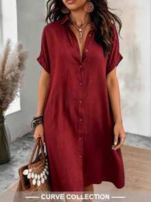 女款酒紅色短袖鈕扣式長版襯衫洋裝，休閒波希米亞風夏季大尺碼 - 酒紅色 - 查看 1
