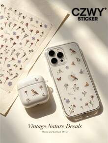 1pc Vintage Nature Theme Decorative Sticker, Vintage Floral Branch, Small Flower, Bird And Butterfly Combination Pattern, With Tweezers, Self-Adhesive Backing, Laptop Decoration Sticker, Phone Decoration Sticker, Suitable For Phone, Earphone, Tablet Case Embellishment - Dried Flower Style - View 1