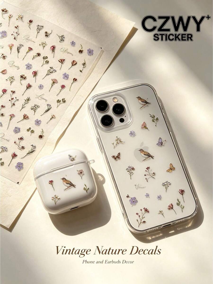 1pc Vintage Nature Theme Decorative Sticker, Vintage Floral Branch, Small Flower, Bird And Butterfly Combination Pattern, With Tweezers, Self-Adhesive Backing, Laptop Decoration Sticker, Phone Decoration Sticker, Suitable For Phone, Earphone, Tablet Case Embellishment - Dried Flower Style - View 1