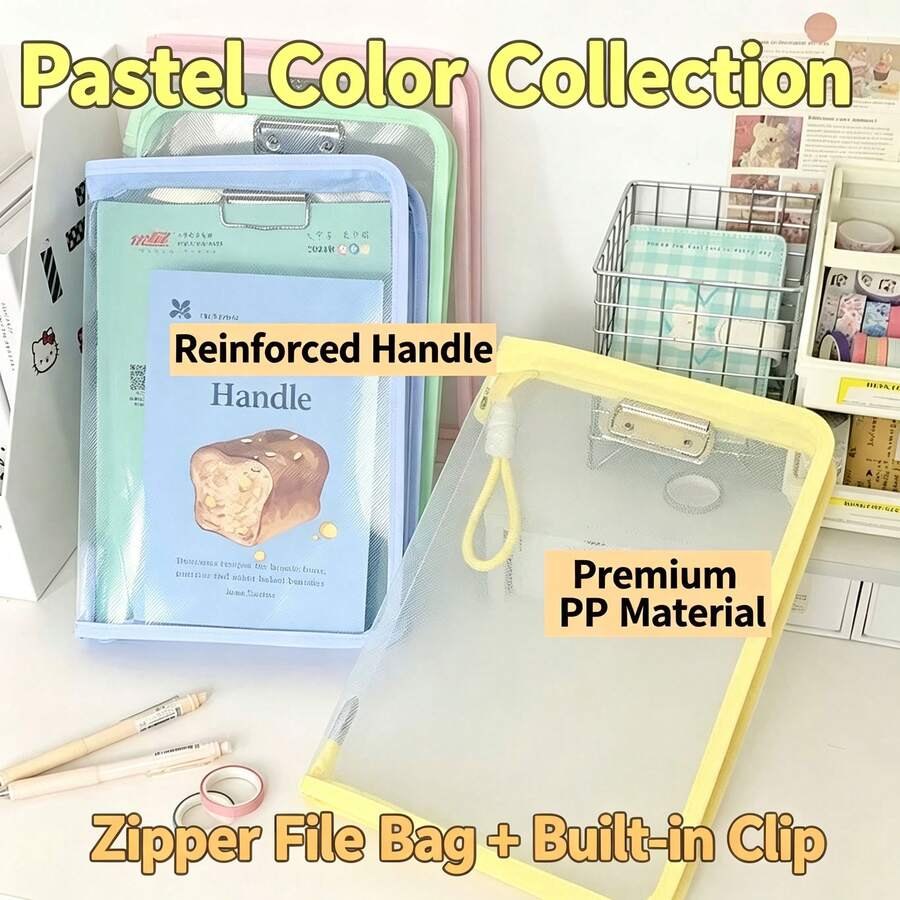Candy Color Zipper File Bag With Clipboard A4 Large Capacity Transparent Visible Document Bag Student Assignment Lecture Notes Office Receipt File Storage Folder - Multicolor - View 1