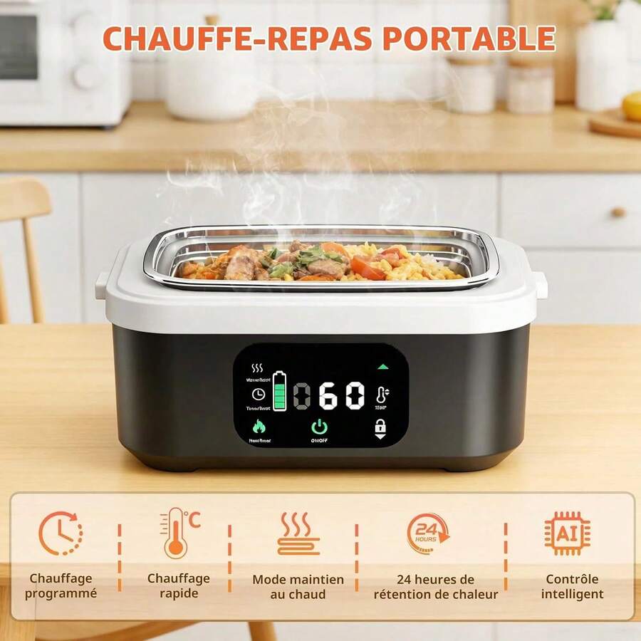 Cordless Heated Lunch Box, Sleek Minimalist Style, Rechargeable Battery Heating & Timer Keep‑Warm Function, For Office Commuting & Autumn Outdoor Trips - Black - View 1
