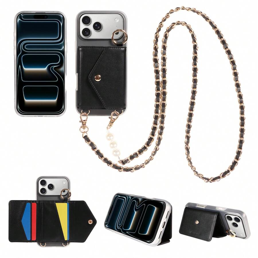 eaacaa Crossbody Wallet Phone Case With Multiple Card Slots And Coin Pocket, PU Leather With Pearl Chain Strap, Kickstand And Anti-Demagnetization, Suitable For Men And Women For Daily Commute/Shopping/Business Travel, Ideal Gift For Friends/Lovers/Family, Compatible With Apple 18 Pro Max/18 Pro/18/17e/17 Pro Max/16 Pro Max/16 Pro/16 Plus/15 Pro Max/15 Plus/13 Pro Max