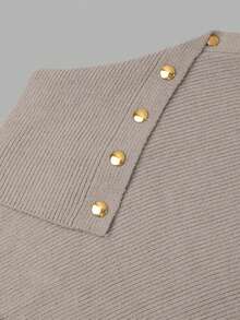 NiceArt Women's Autumn/Winter Vintage Asymmetrical Collar Knit Sweater, Metal Button Long Sleeve Pullover, Autumn Outfit, Party, Halloween - Khaki - View 4