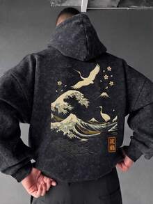 Men's Japanese Wave Mount Crane Print Hoodie Sweatshirt With Drawstring, Autumn/Winter - Black - View 2