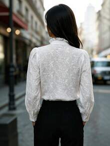 Full Floral Embroidery Lace Small Stand Collar Lantern Sleeve Pearl Button Design Commuter Casual Daily Vacation Wear Blouse - White - View 2