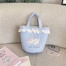 1Pc Cute Lamb Embroidery Handbag,Lace Ruffle Bow Decor Quilted Tote Bag,Striped Canvas Mini Top‑Handle Bag, Sweet Daily Travel Storage Purse For Girls - Multicolor - View 13