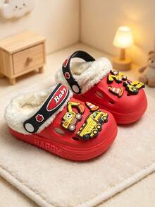Children's Excavator Construction Vehicle Decor Thick Warm Home Slippers, Winter Slip-On Shoes For Kids - Red - View 7