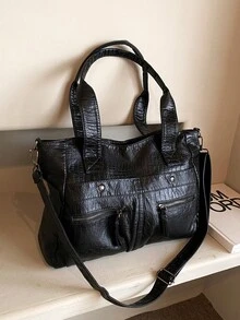 Tote Bag With Detachable Long Shoulder Strap For Shoulder, Crossbody And Hand Carry, Large Capacity With Multiple Compartments For Storage, Zipper Closure, Vintage Distressed Casual Style, Suitable For Commuting, Travel And Short Trips, Black Textured Tote Bag, Versatile Practical Multi-Pocket Women's Travel Bag - Black - View 5