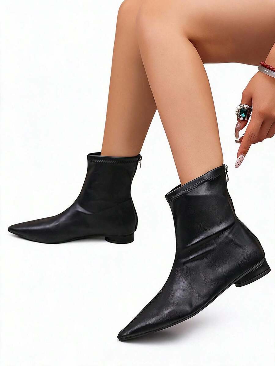 NobleVue Black Soft Leather Ruched Pointed Toe Slim Ankle Boots For Women, Low Heel Back Zipper - Black - View 1