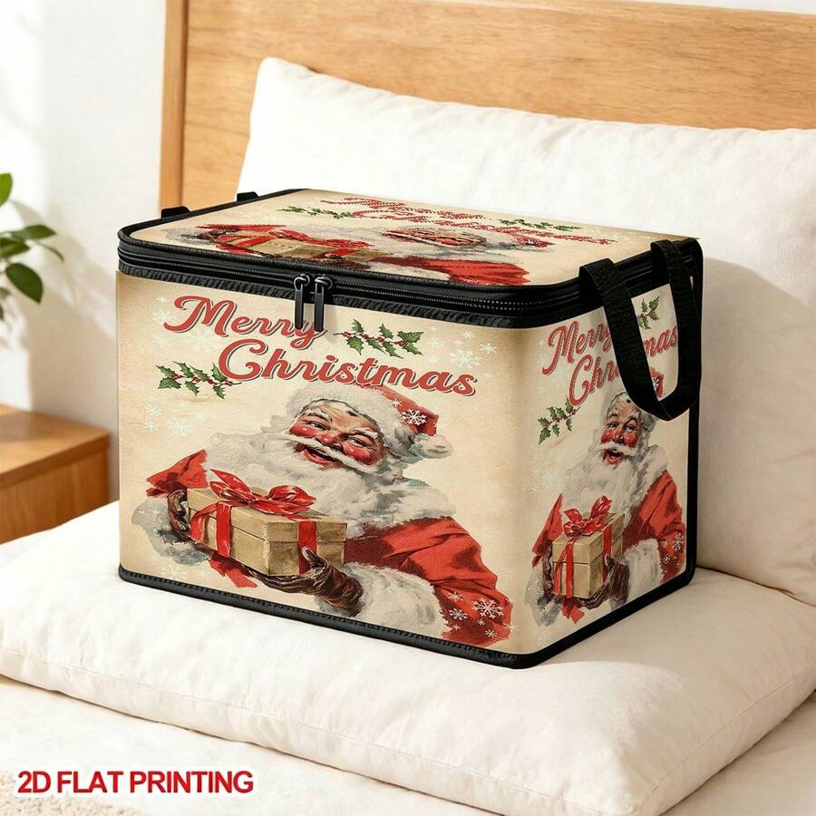 1PC Vintage Santa Claus Gift Christmas Text Pattern Foldable Storage Box With Lid, 2D FLAT, Zippered Organizer For Clothes, Towels And Bedding, Perfect For Home And Closet Use, Can Be Placed Under Bed, Best Home Decor Storage Solution - 1 Piece - View 1