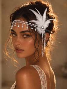 Women's 1920s Feather Headband Teardrop Tassel Flapper Forehead Headpiece For Party Costume Prom - Silver - View 1