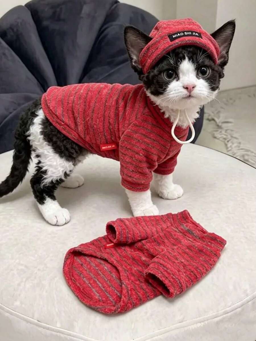 1pc Pet Cat Clothes Autumn/Winter Warm Fleece Two-Legged Outfit For Devon Rex Hairless Cat, Siamese Cat, Cute Striped Home Wear, New Warm Two-Legged Cat Clothes