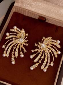 1 Pair Gold French Exquisite Luxury High-End Design Versatile Fireworks Star Faux Pearl Earrings Studs Suitable For Women Daily Holiday Commute Wear - Gold - View 5
