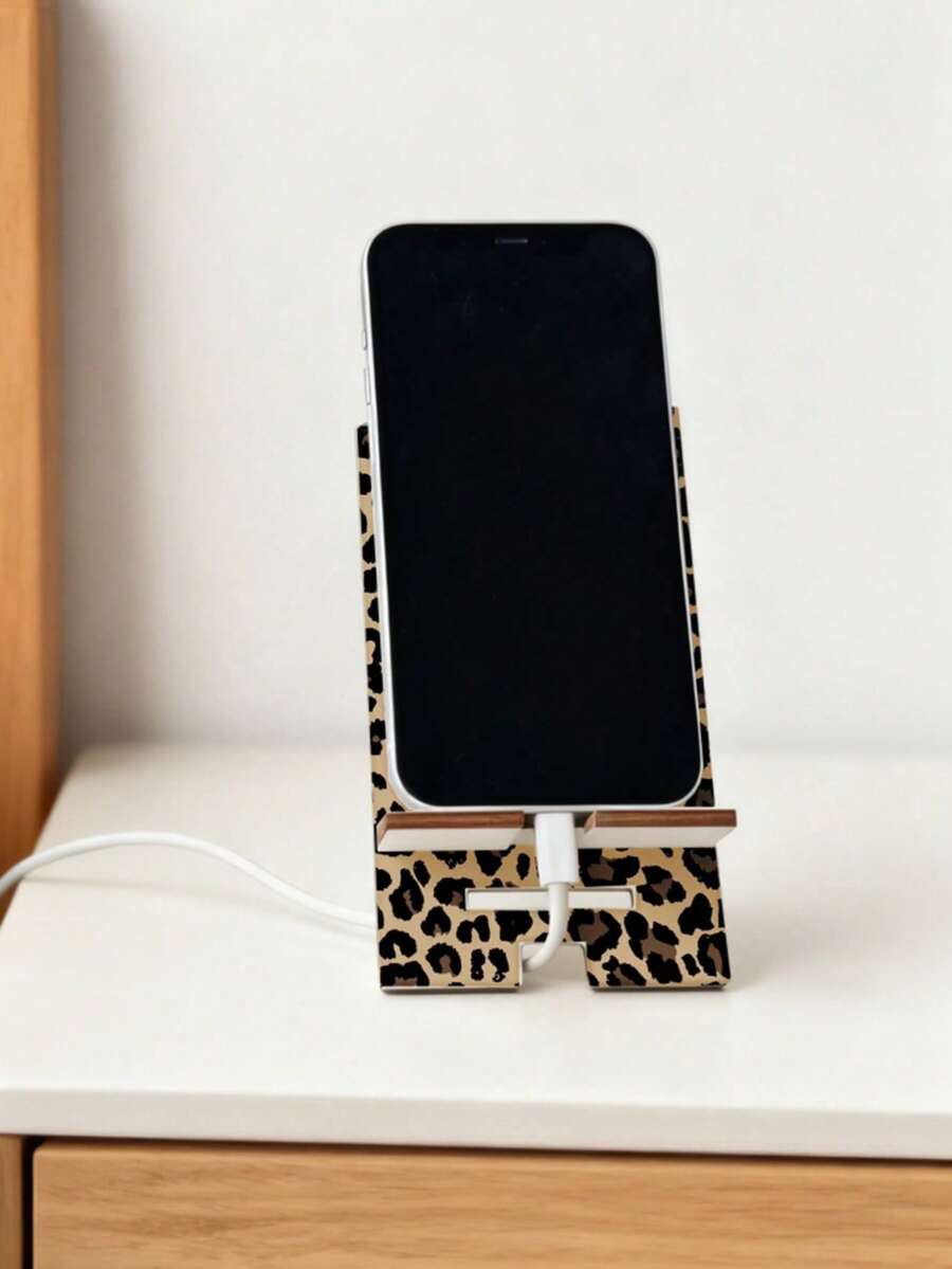 Wooden Leopard Print Phone Stand, Convenient Phone Charging Accessory, Adjustable And Expandable Multi-Functional Stand, Detachable, Easy Installation, Dual Height Adjustable, Suitable For All Phone Models, Portable Stand, Ideal For Office, Study, Travel, Leisure, Birthday Gift, Family, Friends, Perfect For Lazy Movie Watching And Live Streaming In Dormitory, Women's Gift - Multicolor - View 1