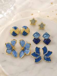 5 Pairs Vintage Multicolor Earrings Set, Gold-Trimmed Floral & Geometric Stud Earrings For Women - Multicolor - View 3