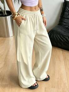Women's Mid-Waist Corduroy Wide Leg Pants, Loose Drawstring Casual Long Pants With Pockets, Versatile For Autumn/Winter - Apricot - View 5