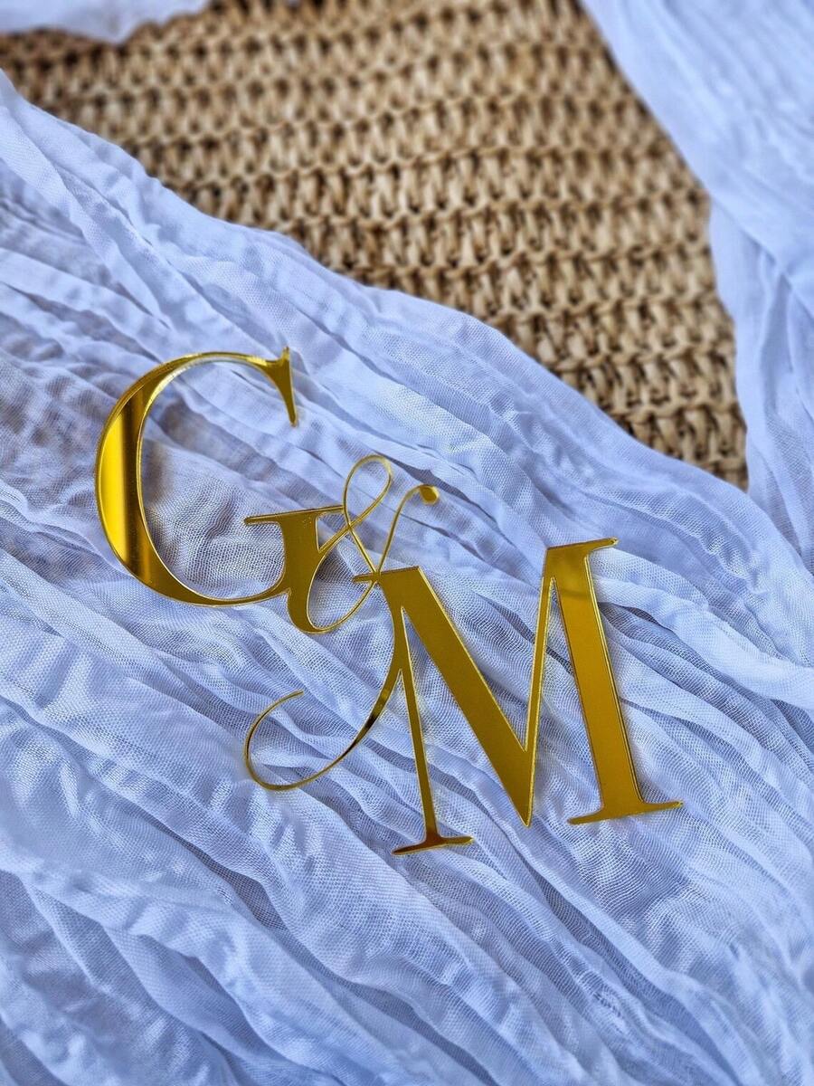 1pc Personalized Acrylic Gold Mirror Customized Cake Topper, Initial Customization, Laser Cut Cake Decoration, Wedding, Engagement Scene Decor - Multicolor - View 1