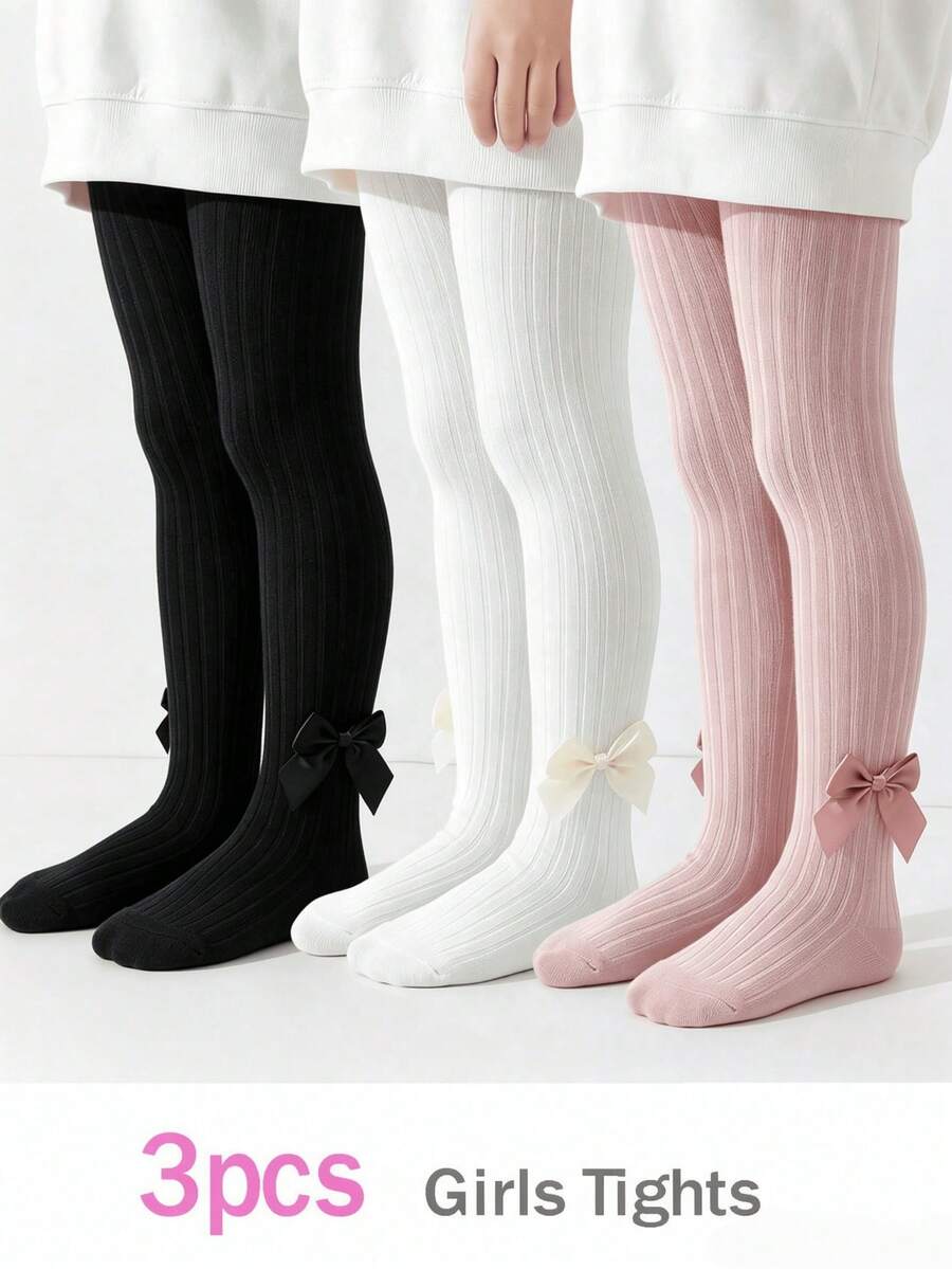 3 Pairs Thick Ribbed Bow Leggings For Baby Girls, Sweet And Cute, Suitable For Autumn, Winter, Spring, School And Outdoor Wear - Multicolor - View 1