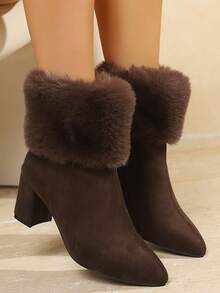 New Women's Versatile Fur Side Zipper Chunky Heel High Heel Ankle Boots, Pointed Toe Fashion Boots For Autumn/Winter - Brown - View 7