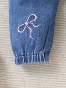 Baby Girl Denim Romper With Turn Collar, Ruffle Hem, Pink Bow Embroidery, Cuffed Long Sleeves, Autumn Fashion Infant Outdoor Crawler - Medium Wash - View 6