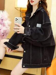 Women's Loose Drop Shoulder Denim Jacket With Pockets, Spring/Autumn Denim Outerwear - Black - View 5