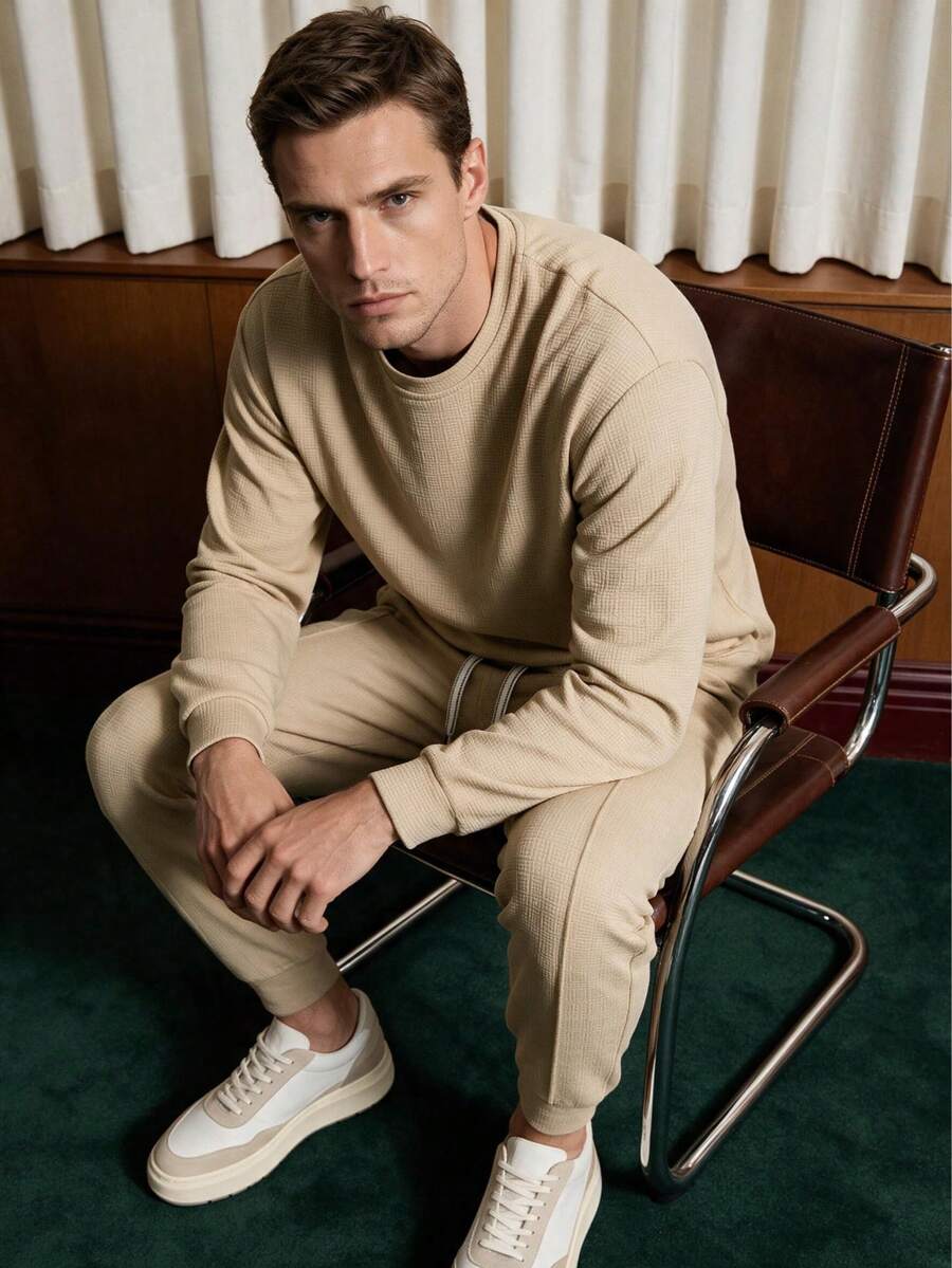 Men's Spring/Autumn Daily Commute Fashion Casual Versatile Sweatshirt & Pants Set - Khaki - View 1