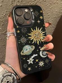 1件 日月彩色銀色貝殼手機殼，適用於 iPhone 16/17/15/14/13/12/11，全新創意防摔復古藝術小眾設計，男女皆宜 - 黑色 - 查看 1