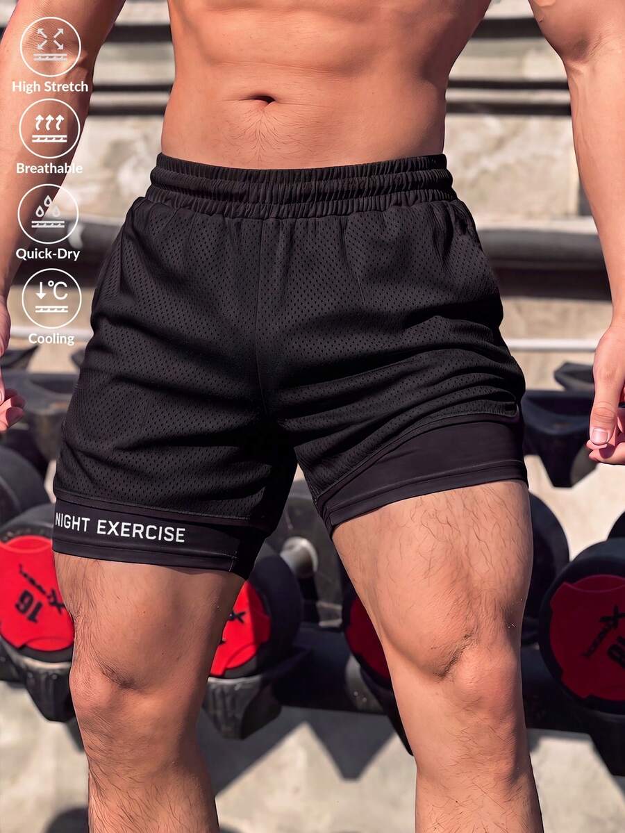2-In-1 Men's Summer Sports Quick-Dry 3/4 Shorts, Elastic Casual Pants With Inner Liner, Letter Print, For Running And Fitness - Black - View 1