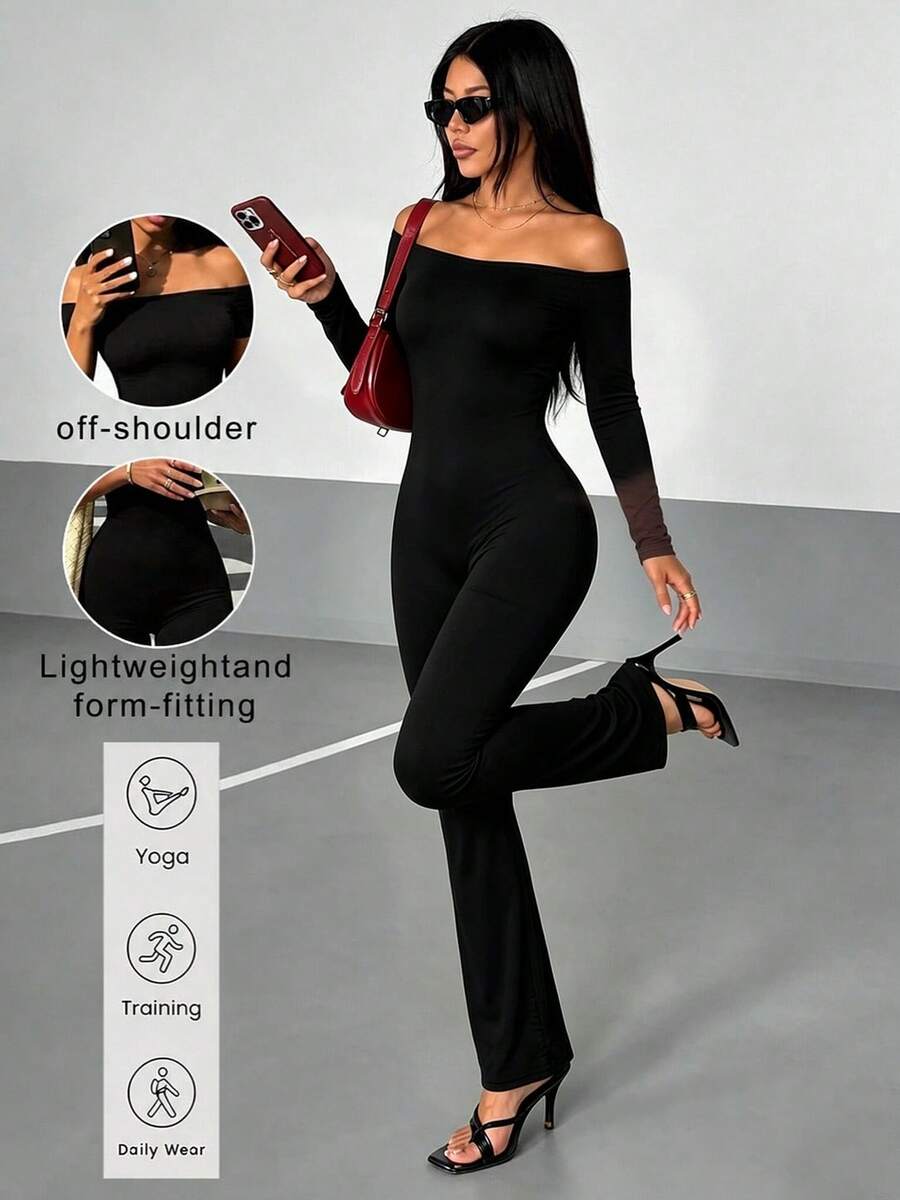 AiTyi Women's Black Cold Shoulder Long Sleeve Jumpsuit, Back Lace-Up Wrap Design, High Elasticity Long Jumpsuit, Suitable For Formal Occasions - Black - View 1
