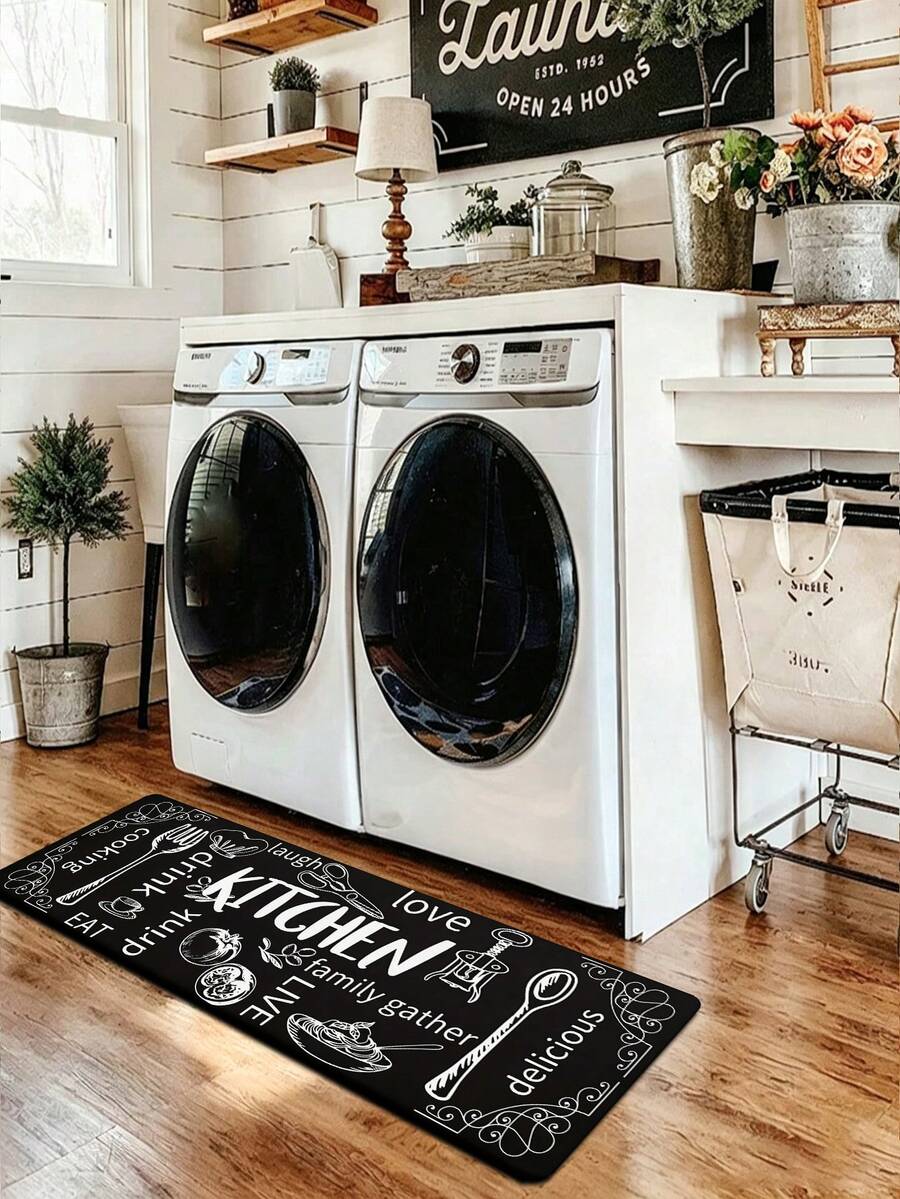 1pc Black Tableware Graffiti Kitchen Mat, 0.6mm Plush Velvet, Soft And Machine Washable, Suitable For Kitchens, Corridors, Bathrooms, Living Rooms, Outdoor Entrances, And Toilets, Usable Year-Round And Appropriate For Various Occasions. - Multicolor - View 1