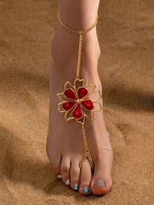 1pc Double Layer Gold Oil Drip Enamel Hollow Floral Toe Ring Foot Chain, Elegant Elegant Sexy Jewelry Suitable For Vacation And Party - Orange - View 12