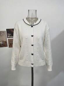 French Korean Style Bow Collar Knit Base Layer Top Women Autumn Winter Loose Slimming Long Sleeve Sweater Knit Cardigan - White - View 6